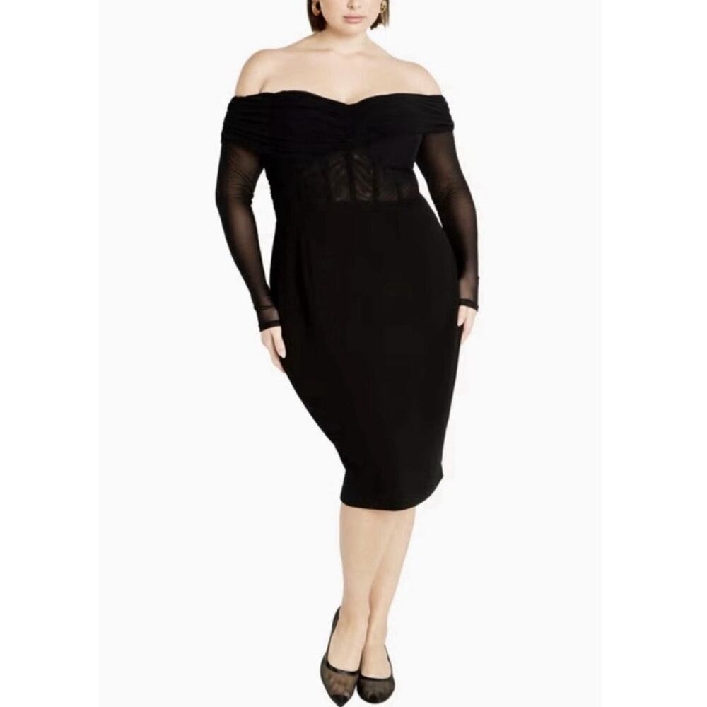 City Chic Size XL/ 22 Lana Bodycon Cocktail Dress Black Sheer Long Sleeve Formal